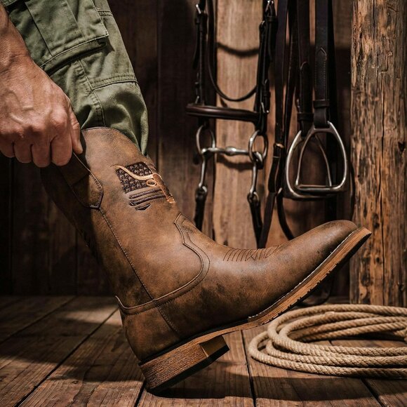 Men\'s Umber Brown Toe Western Boots Vegan/genuine Leather With Classic Patriot main image 5